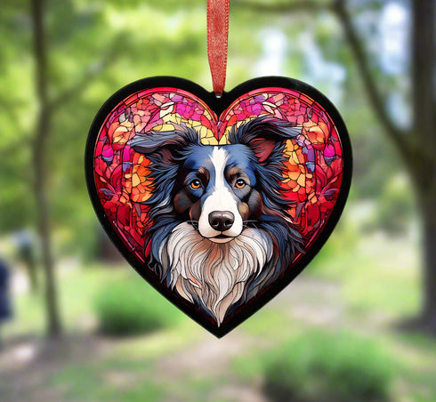 Border Collie Longhaired Stained Glass Effect Heart Suncatcher